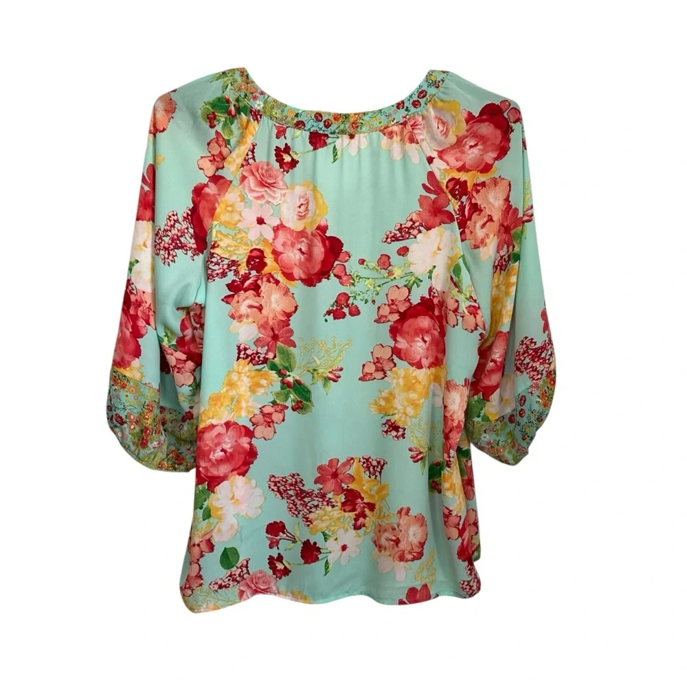 Figueroa & Flower Womens Floral Boho Peasant Tunic Top 2X Multicolor Lightweight - Picture 2 of 7